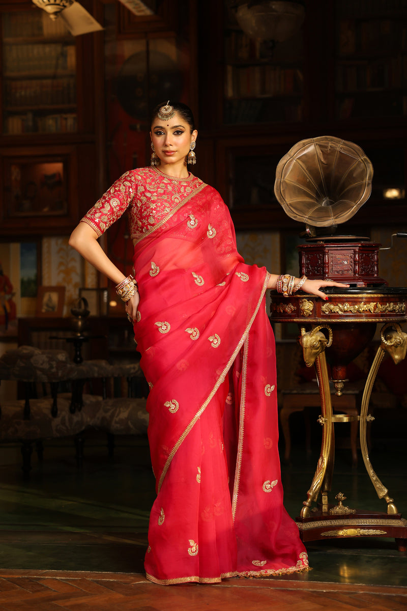 Ahista Dark Pink Gota Patti Saree Set organza & chiniya silk saree by Niti Bothra in dark pink for women Worldwide