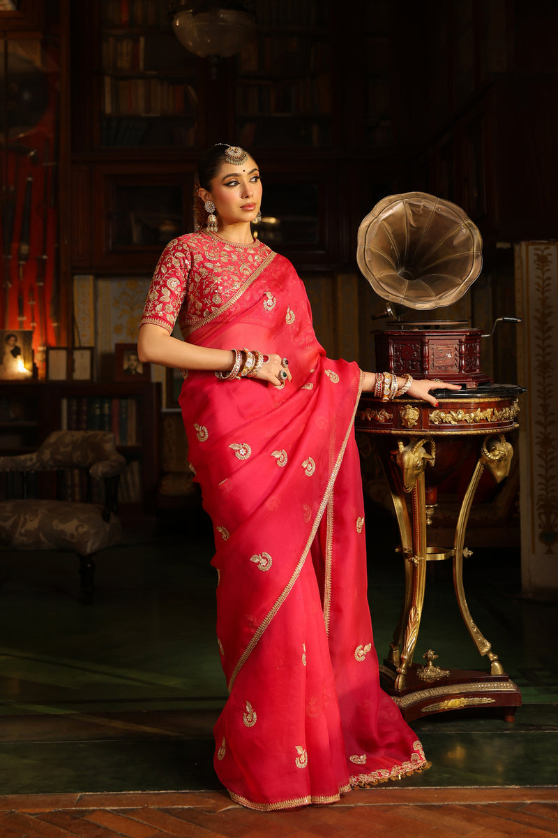 Ahista Dark Pink Gota Patti Saree Set organza & chiniya silk saree by Niti Bothra in dark pink for women Worldwide