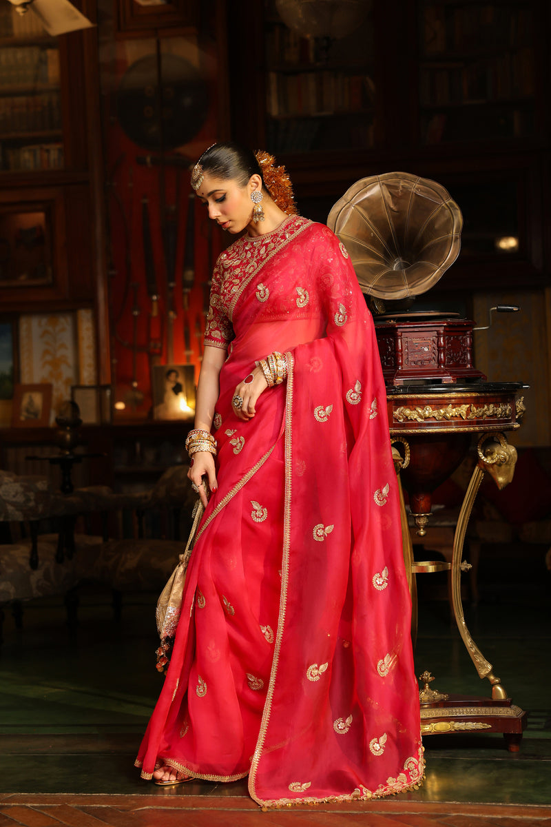 Ahista Dark Pink Gota Patti Saree Set organza & chiniya silk saree by Niti Bothra in dark pink for women Worldwide