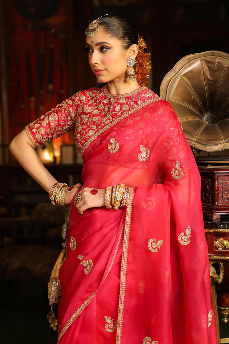 Ahista Dark Pink Gota Patti Saree Set organza & chiniya silk saree by Niti Bothra in dark pink for women Worldwide