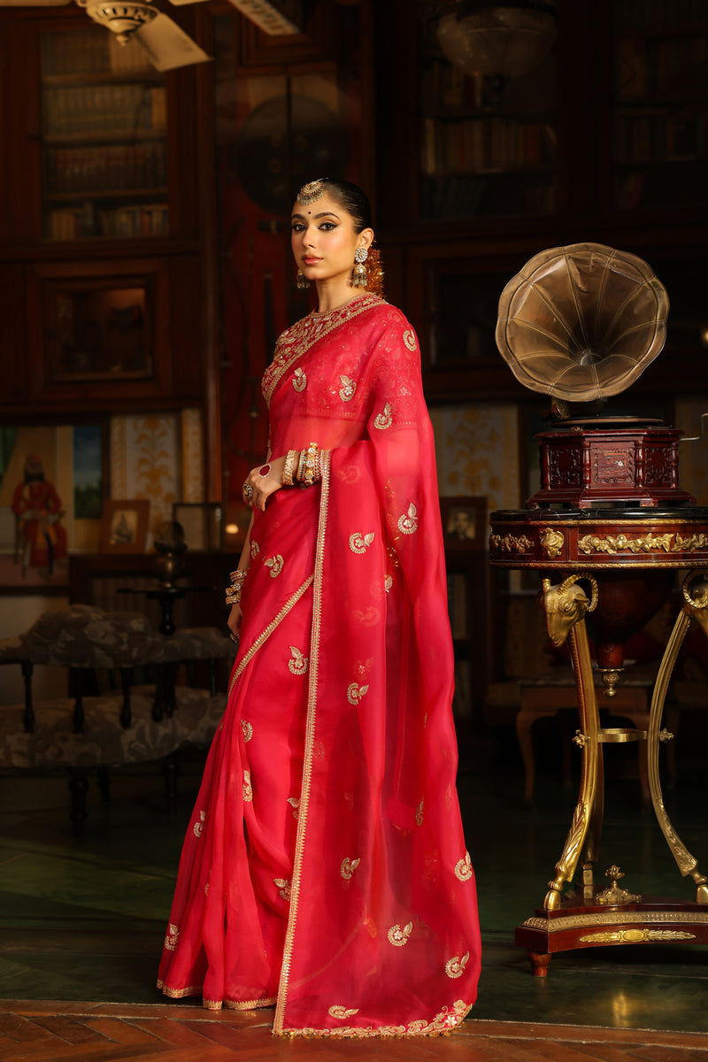 Ahista Dark Pink Gota Patti Saree Set organza & chiniya silk saree by Niti Bothra in dark pink for women Worldwide