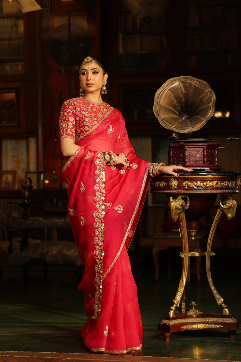 Ahista Dark Pink Gota Patti Saree Set organza & chiniya silk saree by Niti Bothra in dark pink for women Worldwide