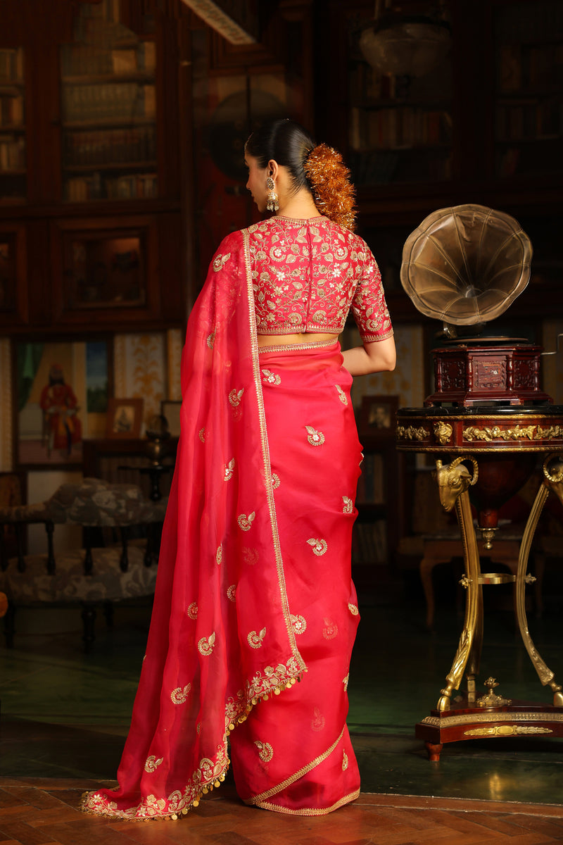 Ahista Dark Pink Gota Patti Saree Set organza & chiniya silk saree by Niti Bothra in dark pink for women Worldwide