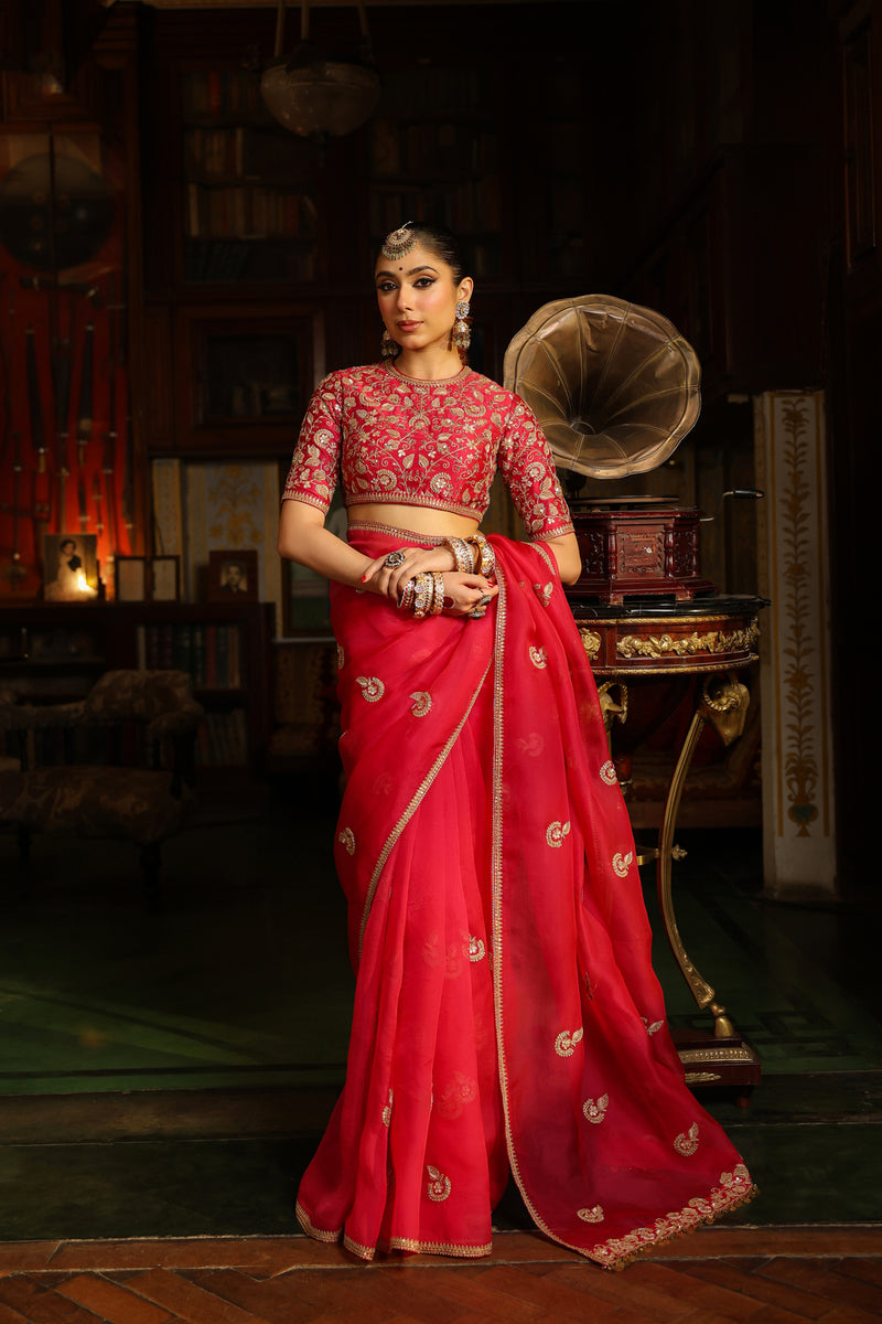 Ahista Dark Pink Gota Patti Saree Set organza & chiniya silk saree by Niti Bothra in dark pink for women Worldwide