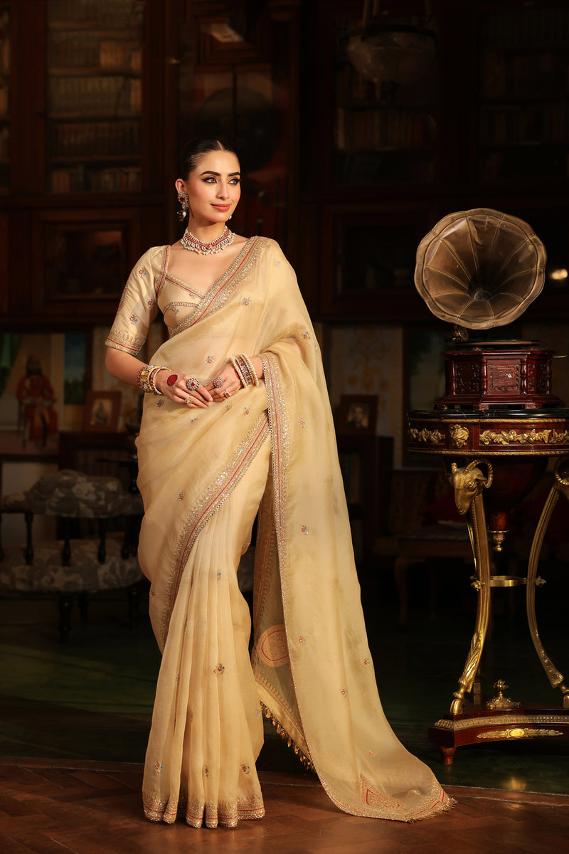 Ahista Ivory Patti Buta Saree Set organza & chiniya silk saree by Niti Bothra in ivory for women Worldwide