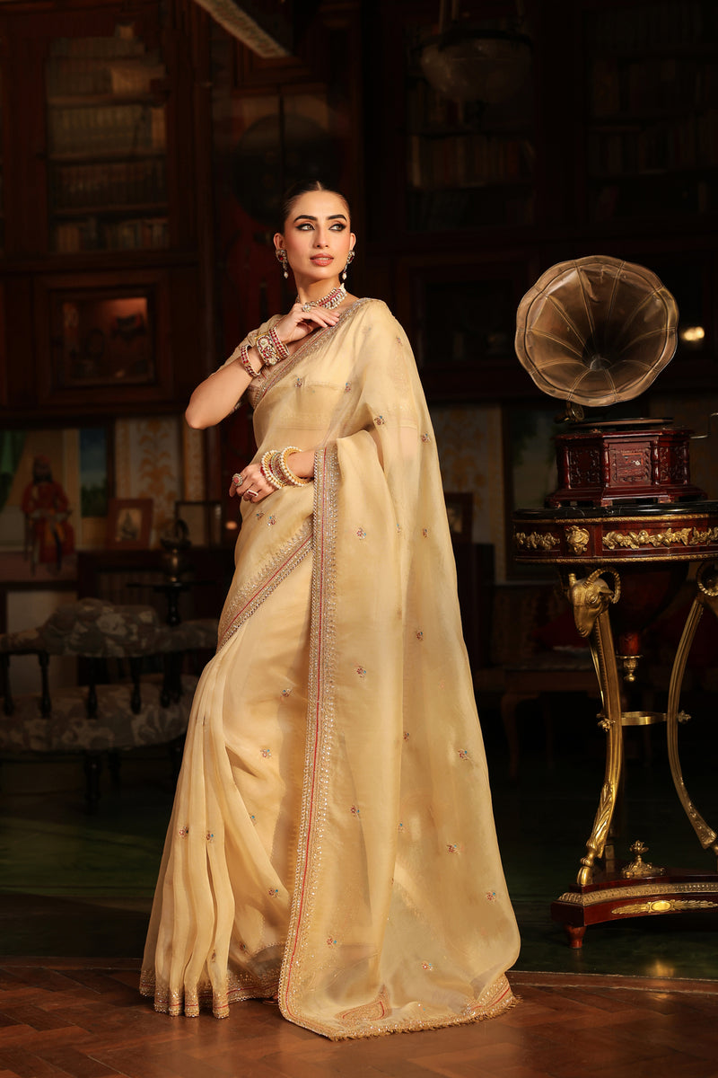 Ahista Ivory Patti Buta Saree Set organza & chiniya silk saree by Niti Bothra in ivory for women Worldwide