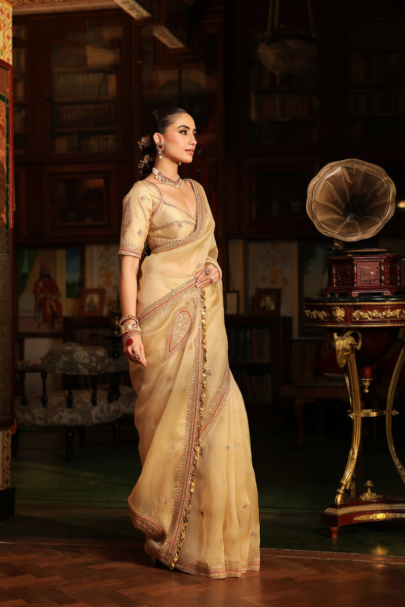 Ahista Ivory Patti Buta Saree Set organza & chiniya silk saree by Niti Bothra in ivory for women Worldwide