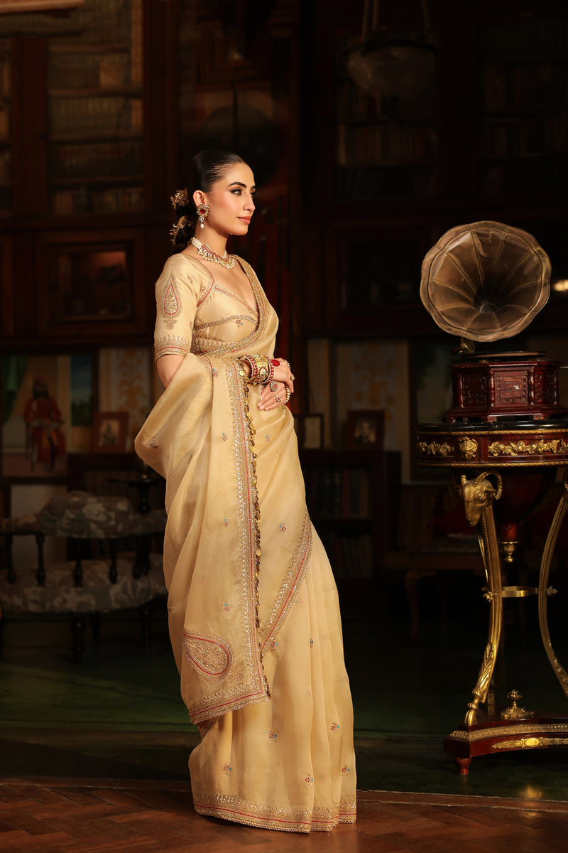 Ahista Ivory Patti Buta Saree Set organza & chiniya silk saree by Niti Bothra in ivory for women Worldwide