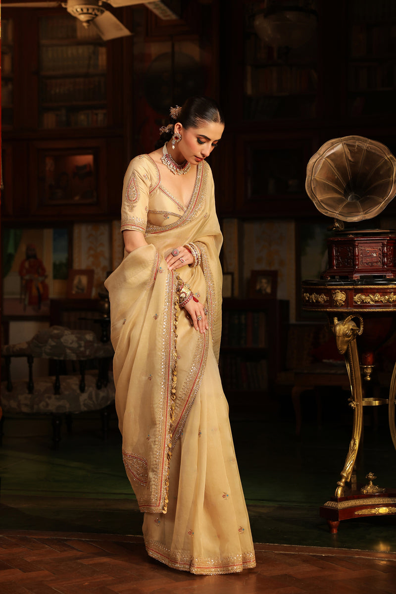 Ahista Ivory Patti Buta Saree Set organza & chiniya silk saree by Niti Bothra in ivory for women Worldwide