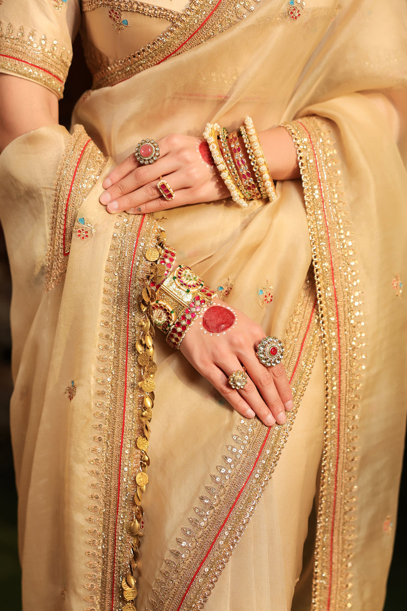 Ahista Ivory Patti Buta Saree Set organza & chiniya silk saree by Niti Bothra in ivory for women Worldwide