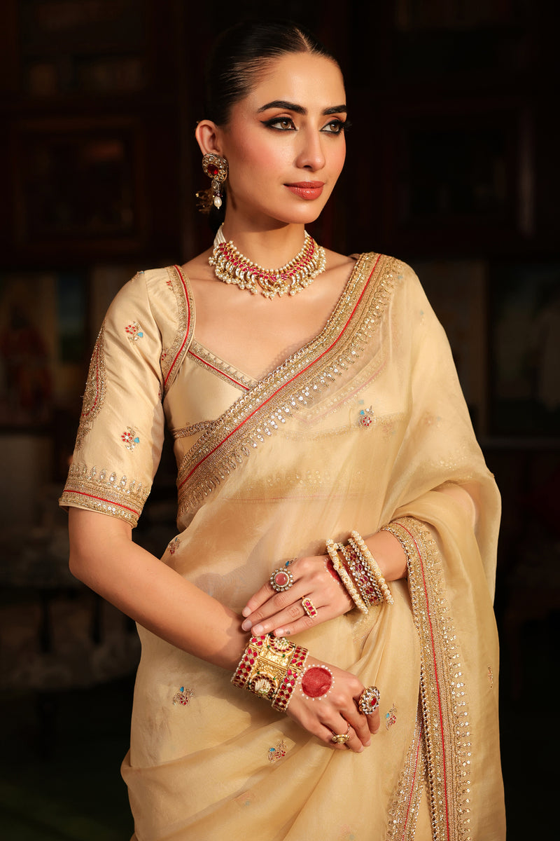 Ahista Ivory Patti Buta Saree Set organza & chiniya silk saree by Niti Bothra in ivory for women Worldwide
