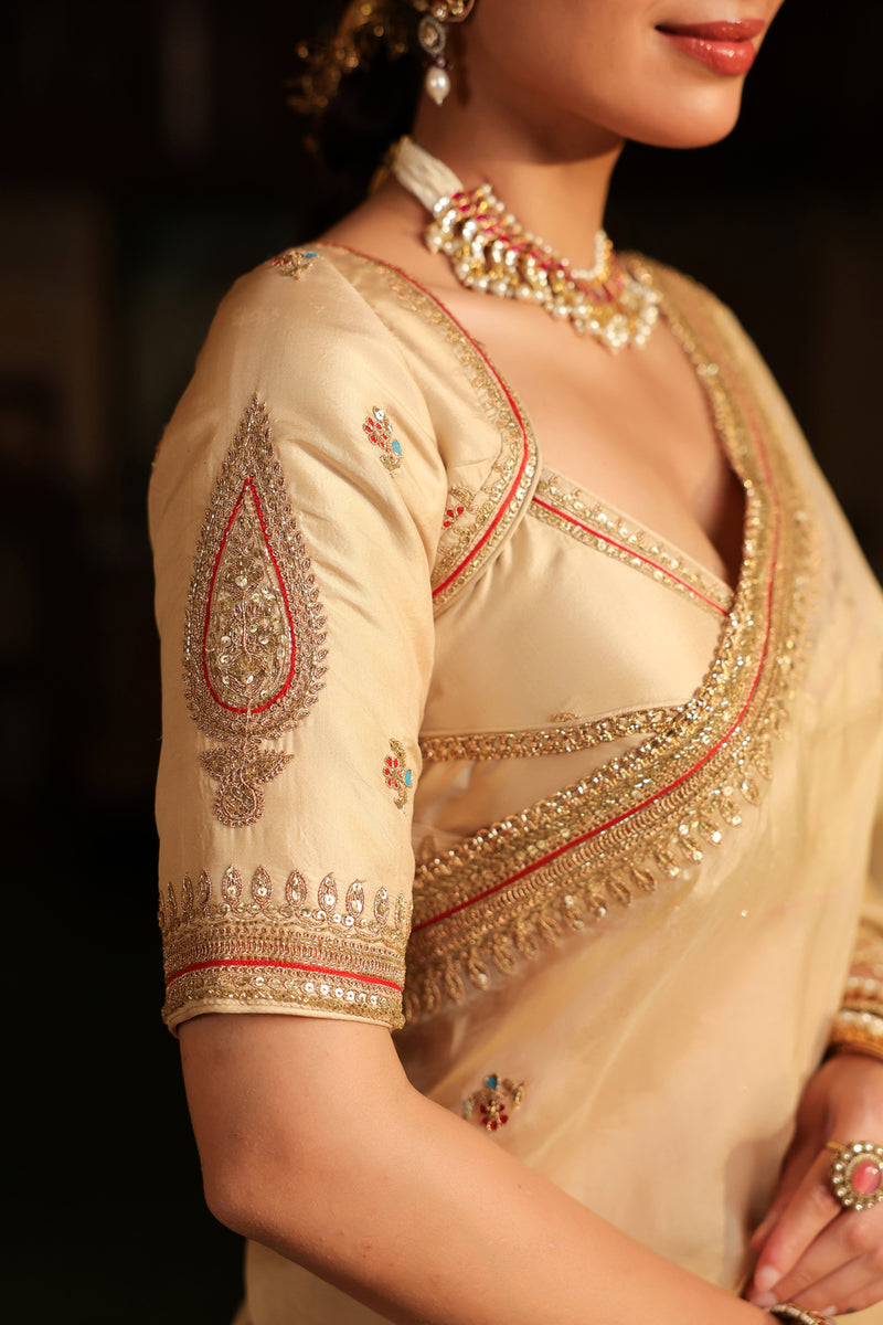 Ahista Ivory Patti Buta Saree Set organza & chiniya silk saree by Niti Bothra in ivory for women Worldwide
