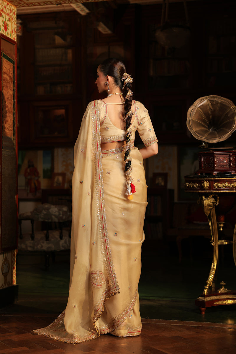 Ahista Ivory Patti Buta Saree Set organza & chiniya silk saree by Niti Bothra in ivory for women Worldwide