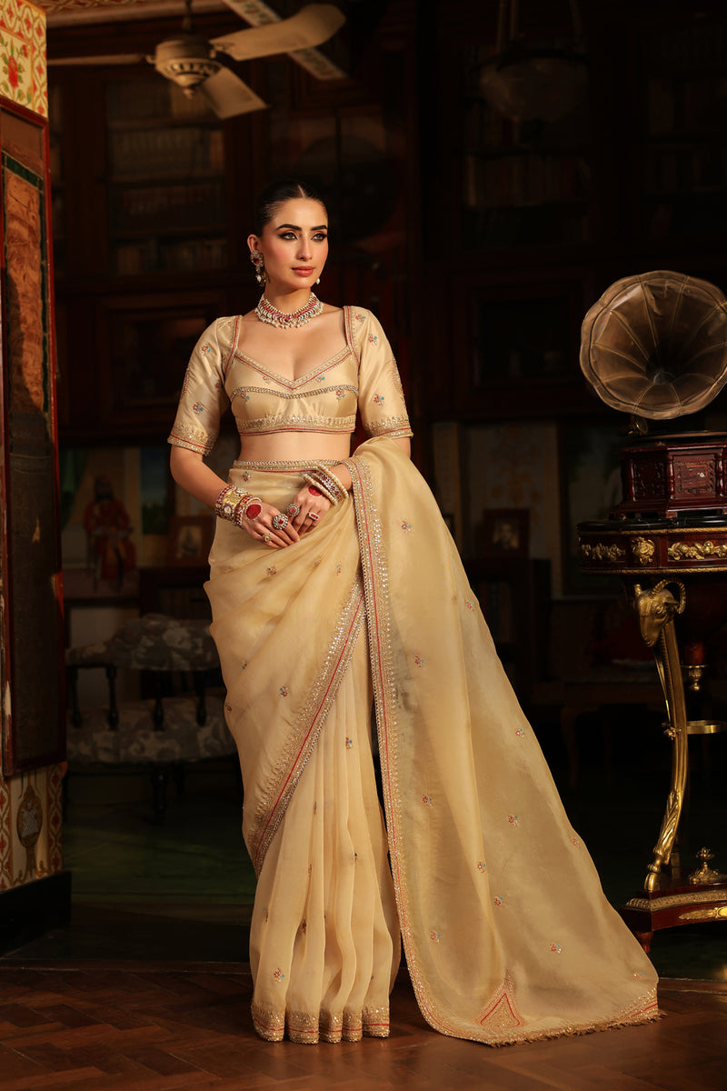 Ahista Ivory Patti Buta Saree Set organza & chiniya silk saree by Niti Bothra in ivory for women Worldwide