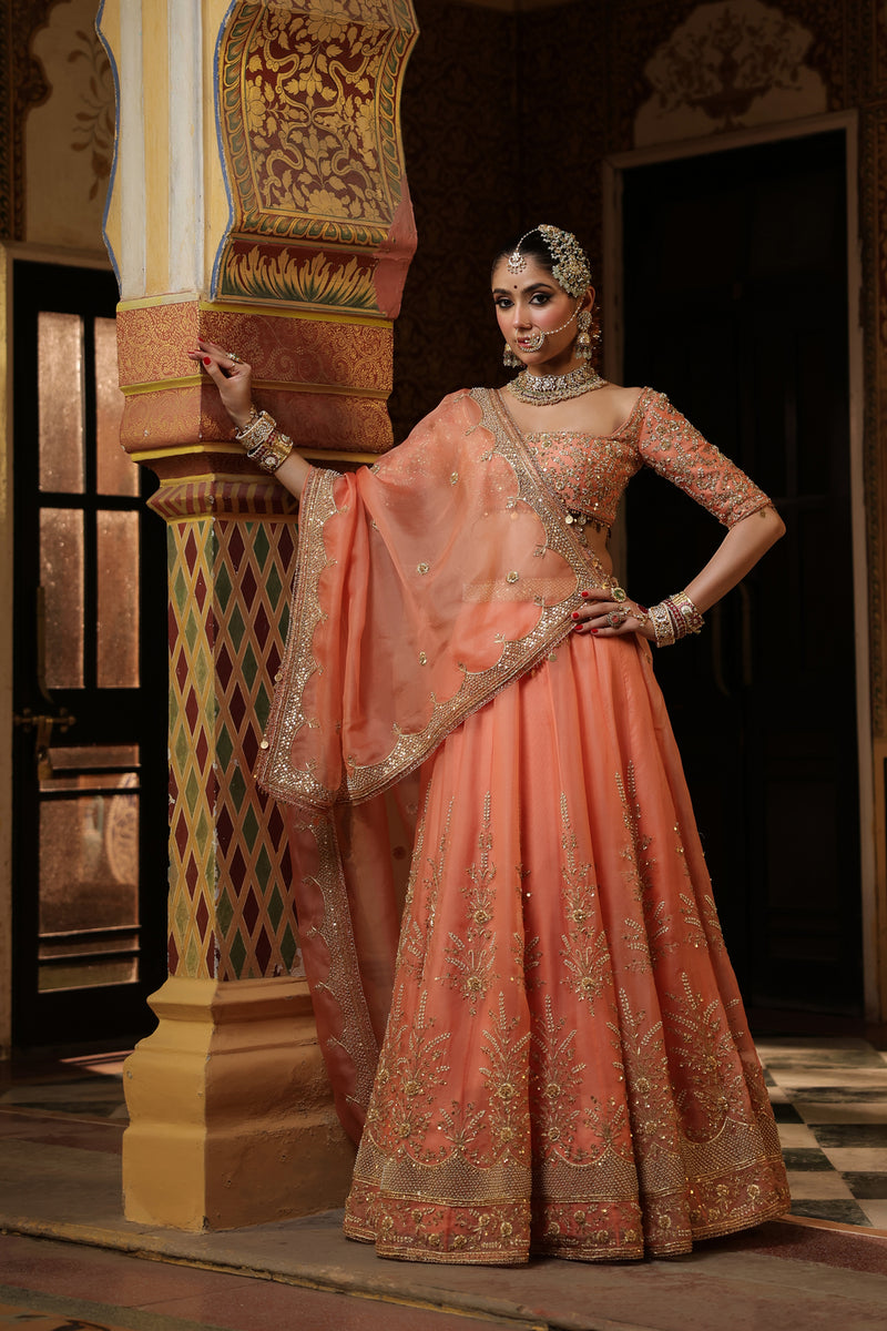 Ahista Peach Zardosi Lehenga Set organza kurta/kurta set by Niti Bothra in peach for women Worldwide