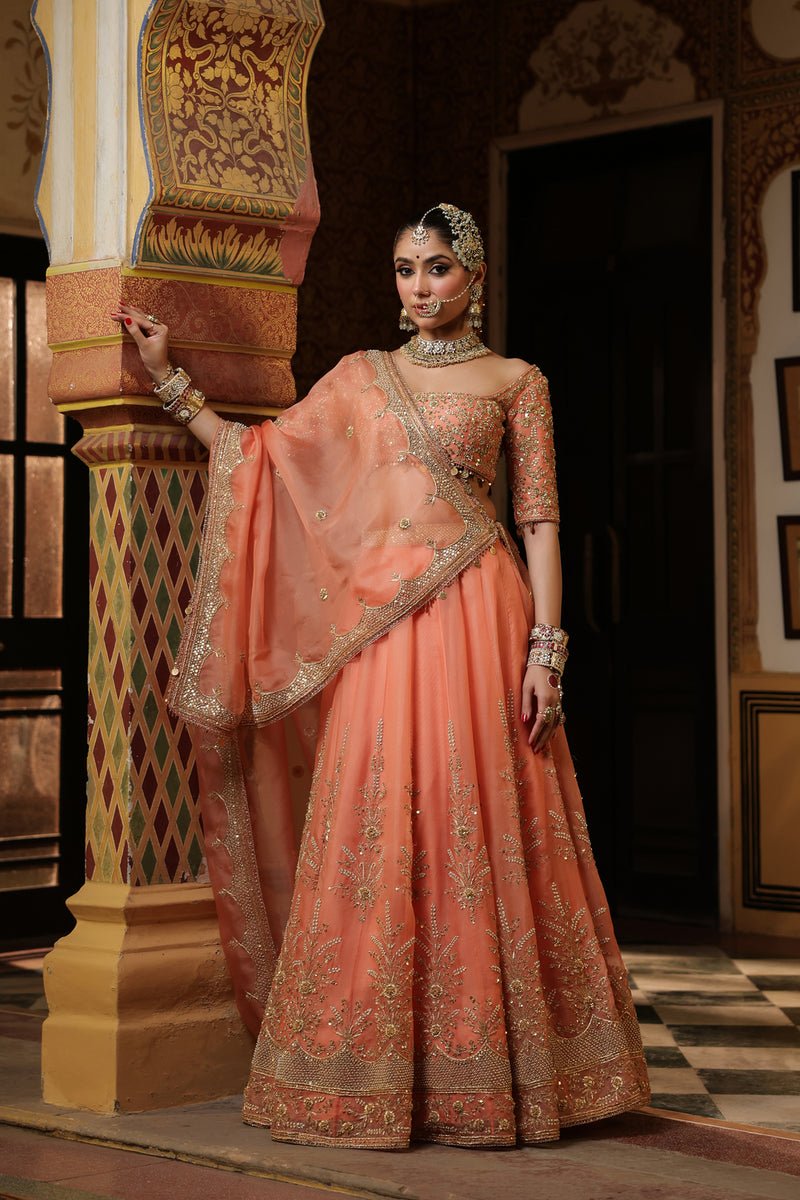 Ahista Peach Zardosi Lehenga Set organza kurta/kurta set by Niti Bothra in peach for women Worldwide