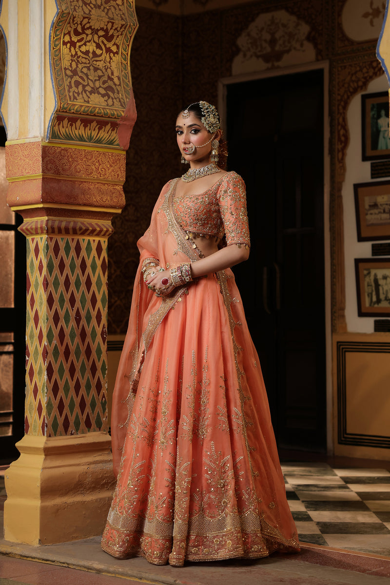 Ahista Peach Zardosi Lehenga Set organza kurta/kurta set by Niti Bothra in peach for women Worldwide