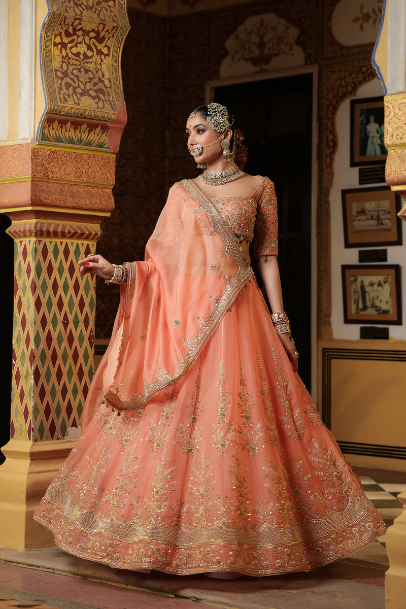 Ahista Peach Zardosi Lehenga Set organza kurta/kurta set by Niti Bothra in peach for women Worldwide