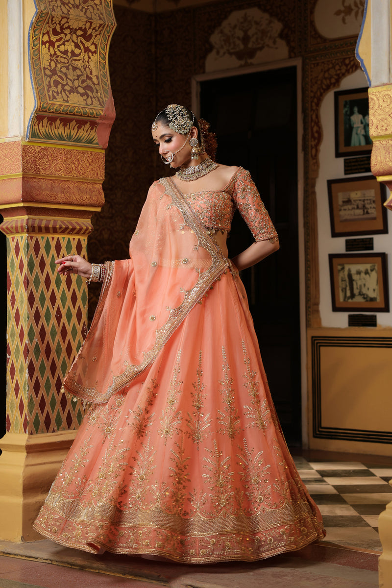 Ahista Peach Zardosi Lehenga Set organza kurta/kurta set by Niti Bothra in peach for women Worldwide