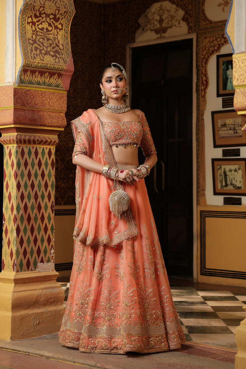 Ahista Peach Zardosi Lehenga Set organza kurta/kurta set by Niti Bothra in peach for women Worldwide