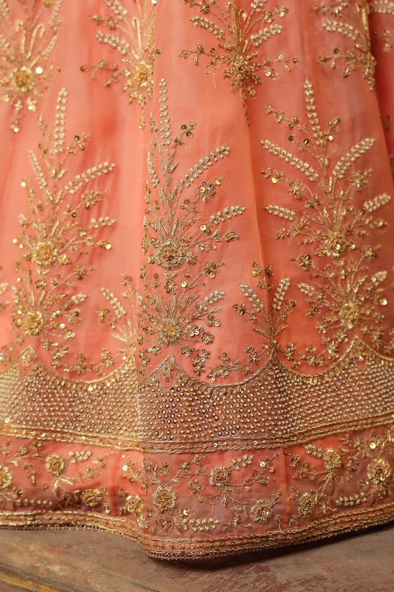 Ahista Peach Zardosi Lehenga Set organza kurta/kurta set by Niti Bothra in peach for women Worldwide