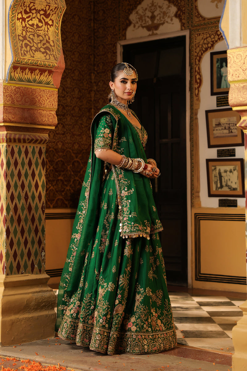 Ahista Green Mayur Applique Lehenga Set chiniya silk & organza lehenga sets by Niti Bothra in green for women Worldwide