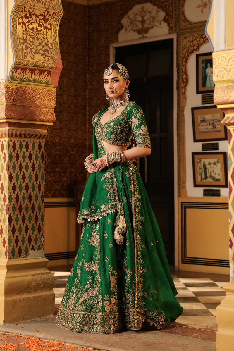 Ahista Green Mayur Applique Lehenga Set chiniya silk & organza lehenga sets by Niti Bothra in green for women Worldwide