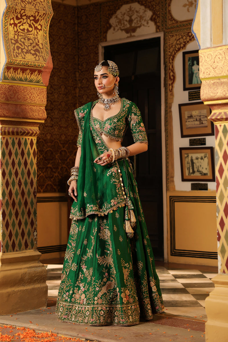 Ahista Green Mayur Applique Lehenga Set chiniya silk & organza lehenga sets by Niti Bothra in green for women Worldwide