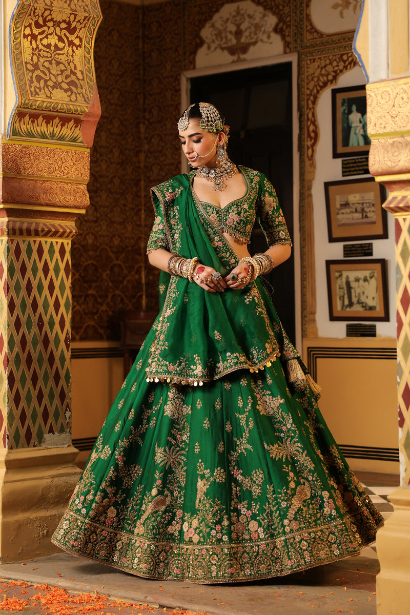 Ahista Green Mayur Applique Lehenga Set chiniya silk & organza lehenga sets by Niti Bothra in green for women Worldwide