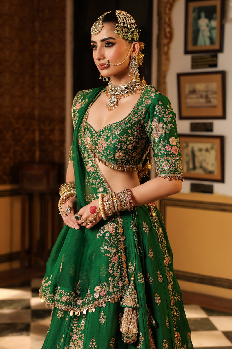 Ahista Green Mayur Applique Lehenga Set chiniya silk & organza lehenga sets by Niti Bothra in green for women Worldwide