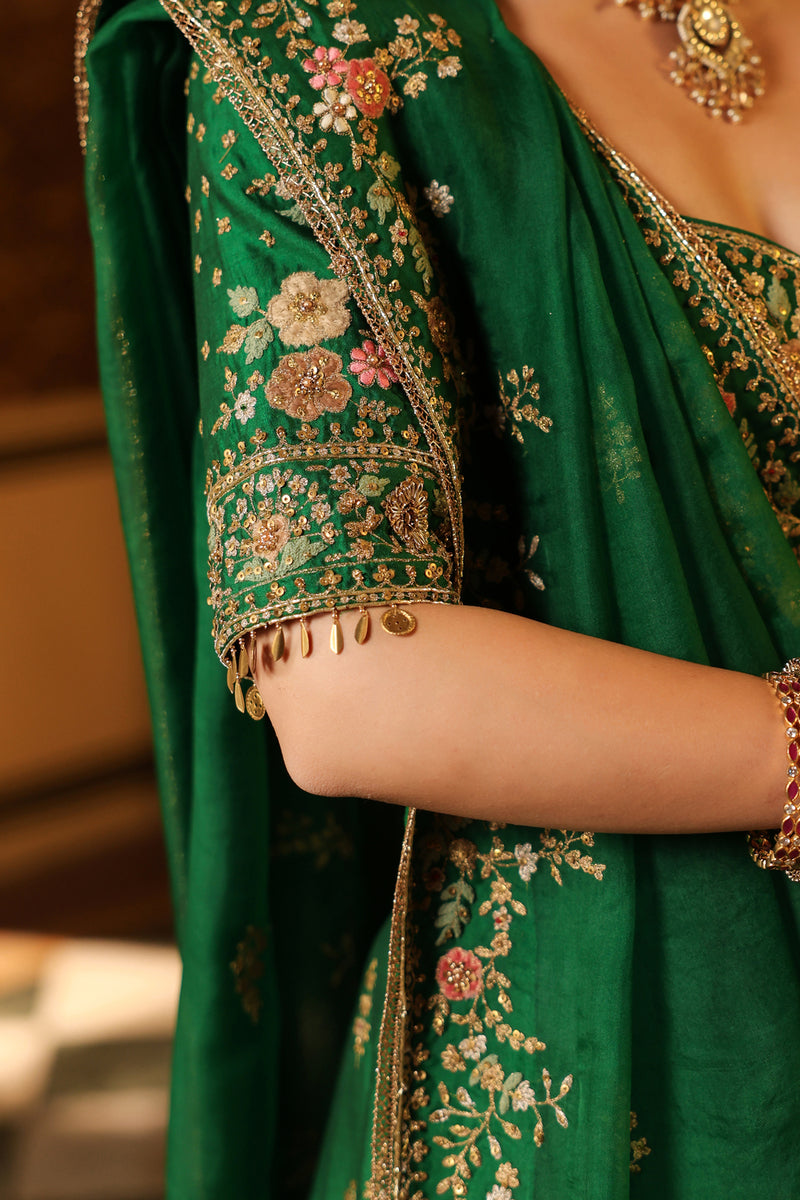 Ahista Green Mayur Applique Lehenga Set chiniya silk & organza lehenga sets by Niti Bothra in green for women Worldwide