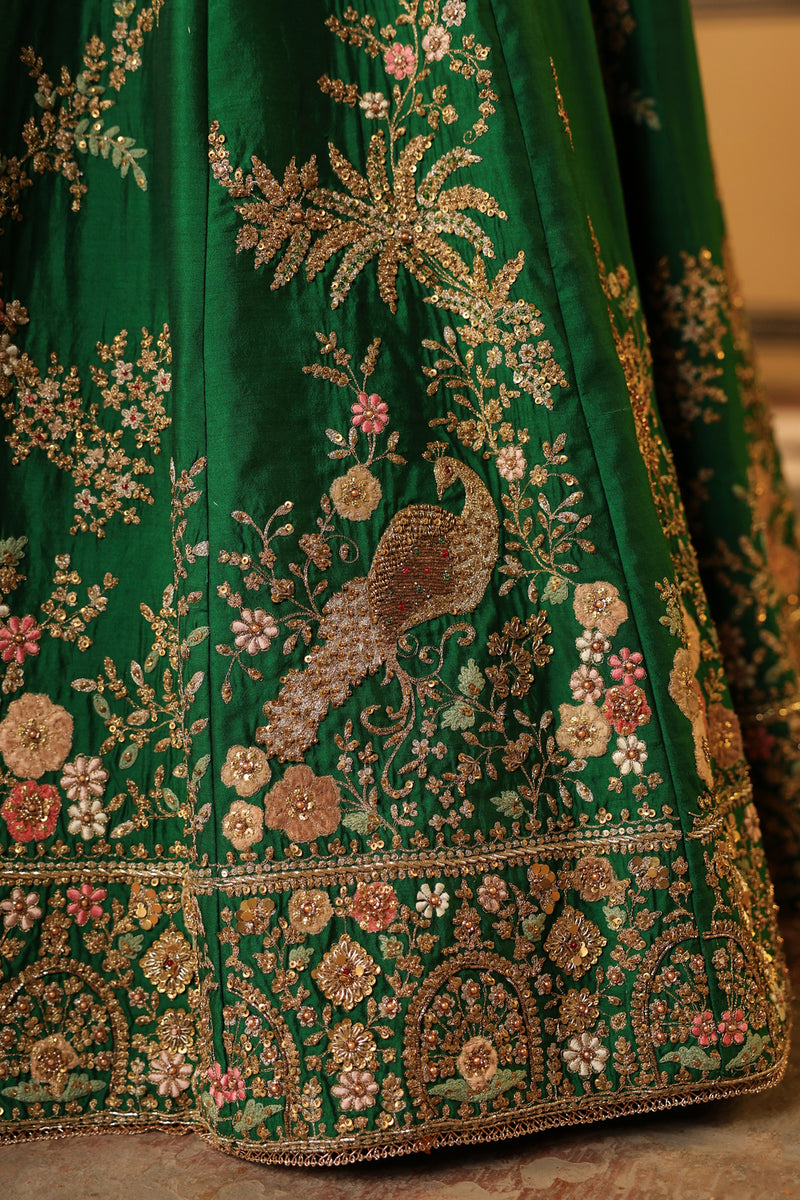 Ahista Green Mayur Applique Lehenga Set chiniya silk & organza lehenga sets by Niti Bothra in green for women Worldwide