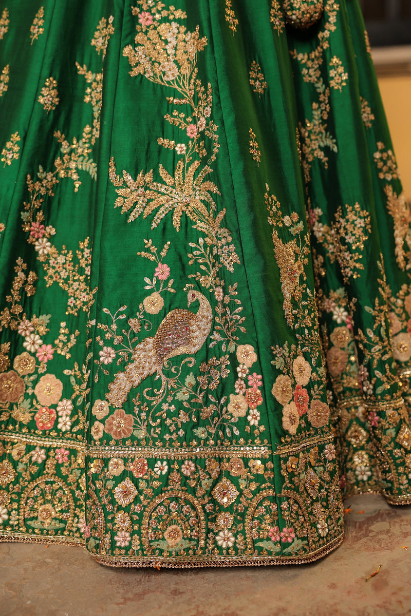 Ahista Green Mayur Applique Lehenga Set chiniya silk & organza lehenga sets by Niti Bothra in green for women Worldwide