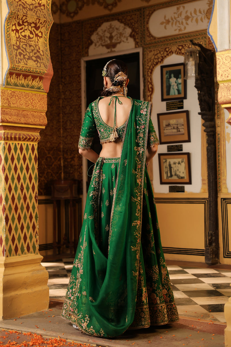 Ahista Green Mayur Applique Lehenga Set chiniya silk & organza lehenga sets by Niti Bothra in green for women Worldwide