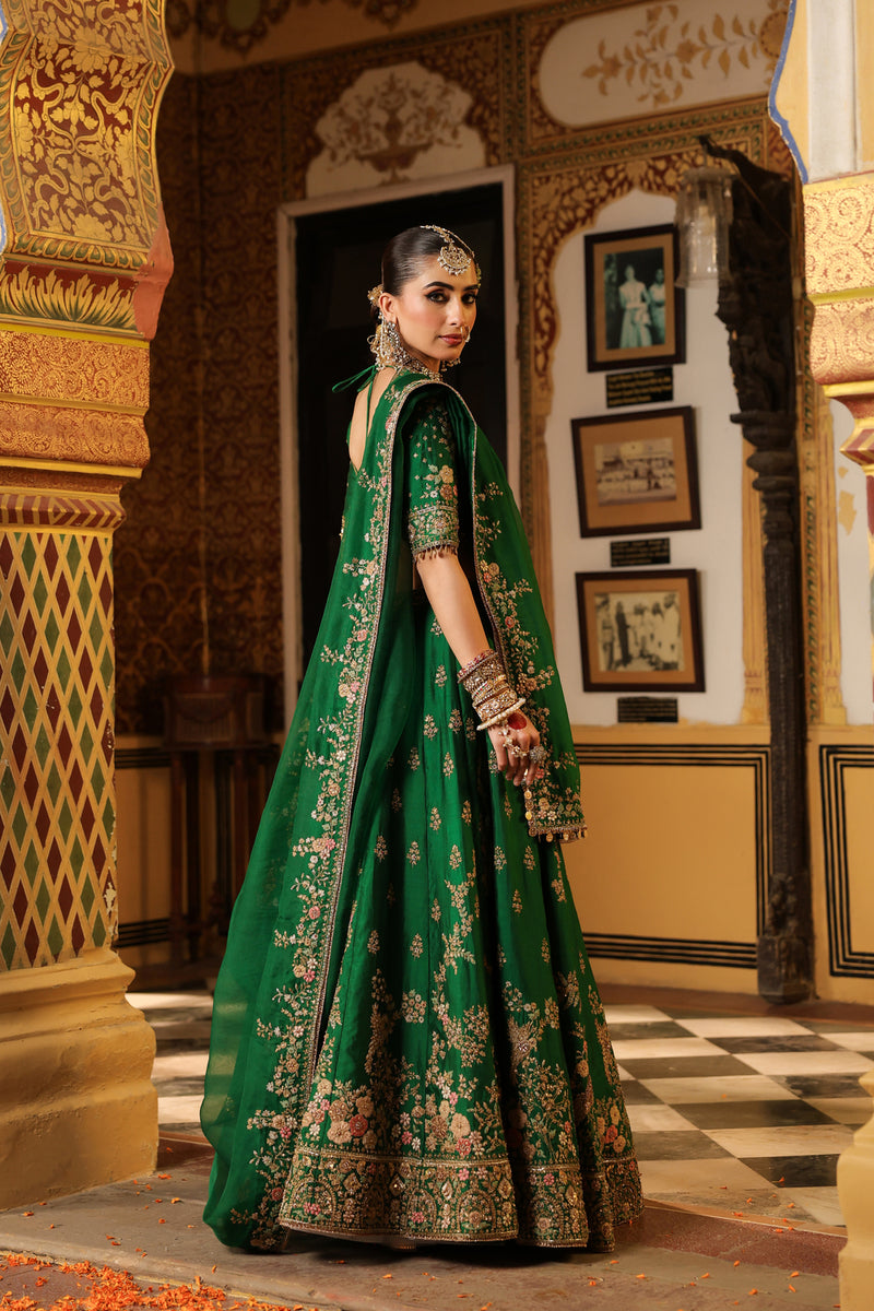 Ahista Green Mayur Applique Lehenga Set chiniya silk & organza lehenga sets by Niti Bothra in green for women Worldwide