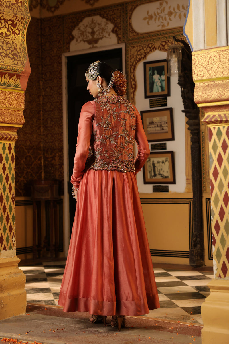 Ahista Rose Pink Jacket Kalidaar Set silk chanderi, organza, tencel kurta/kurta set by Niti Bothra in rose pink for women Worldwide