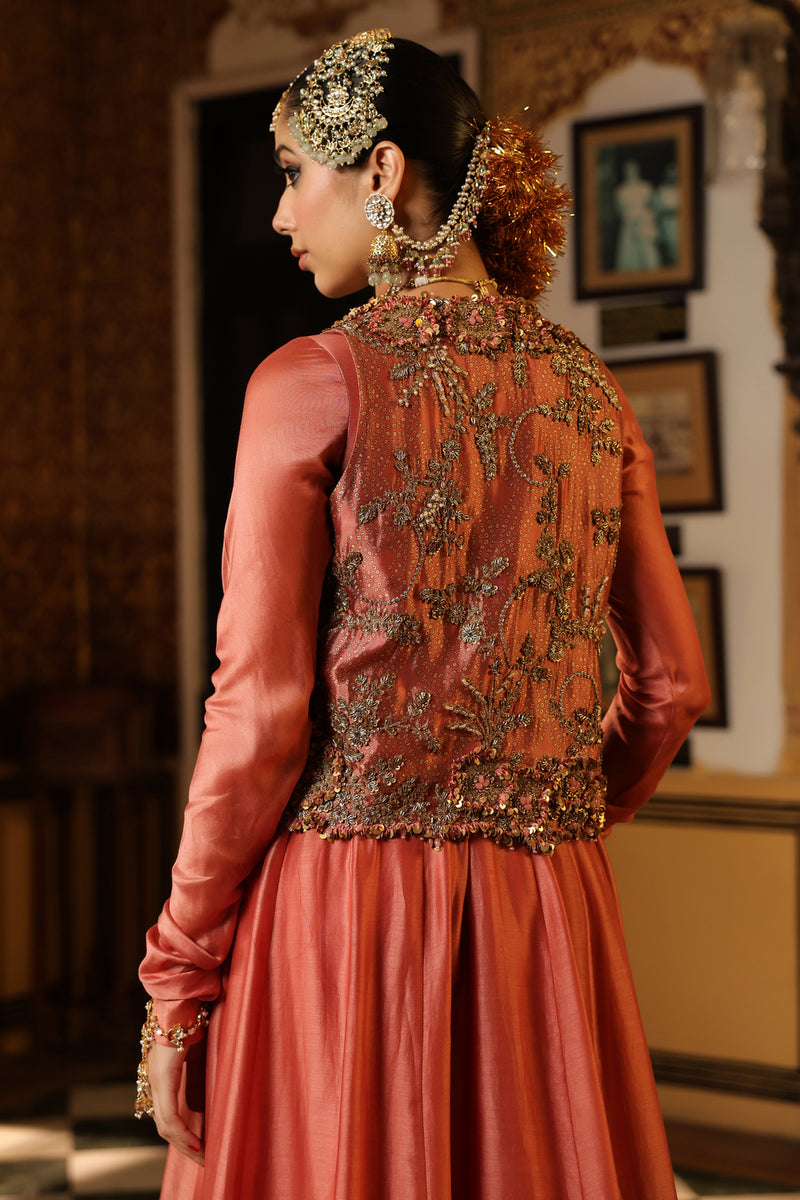 Ahista Rose Pink Jacket Kalidaar Set silk chanderi, organza, tencel kurta/kurta set by Niti Bothra in rose pink for women Worldwide