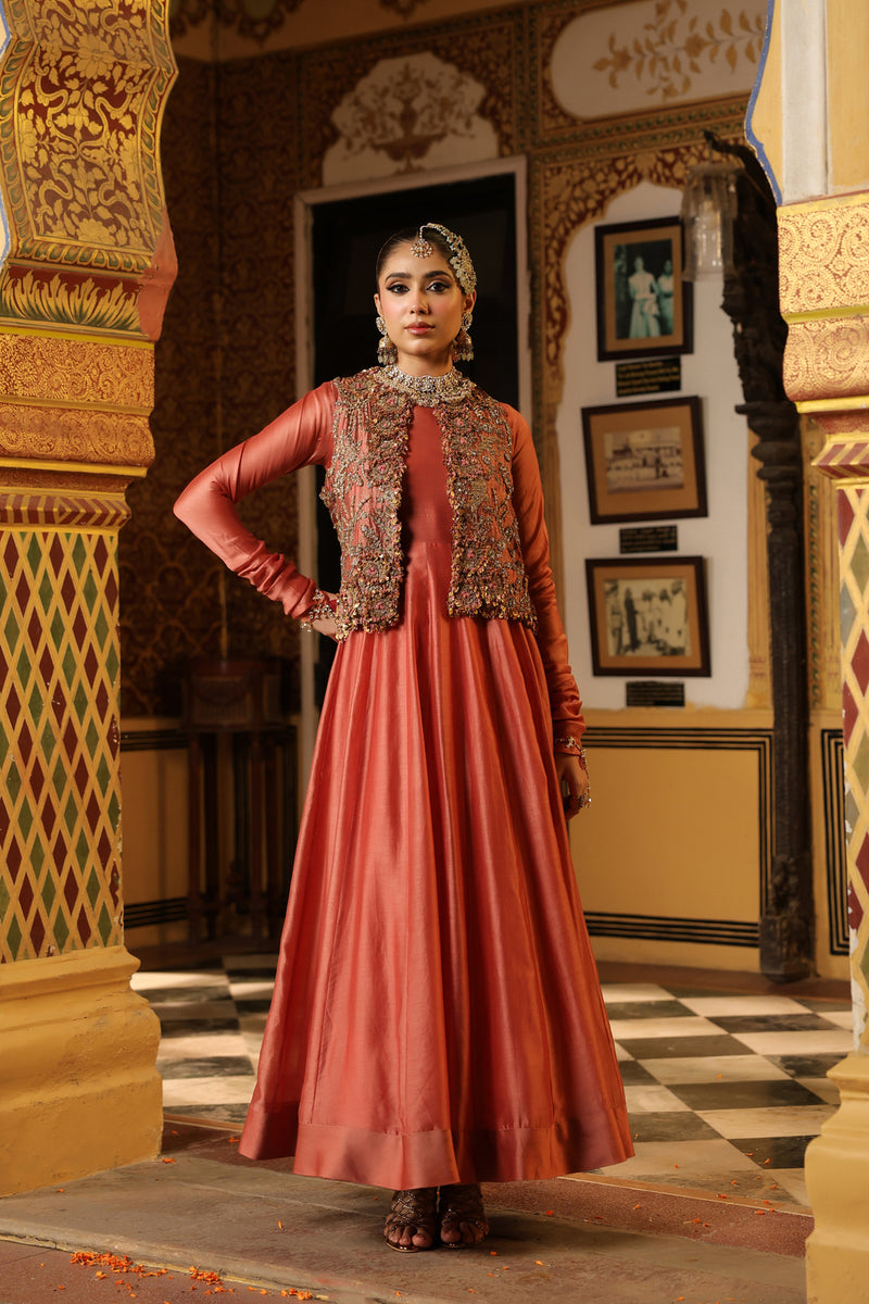 Ahista Rose Pink Jacket Kalidaar Set silk chanderi, organza, tencel kurta/kurta set by Niti Bothra in rose pink for women Worldwide