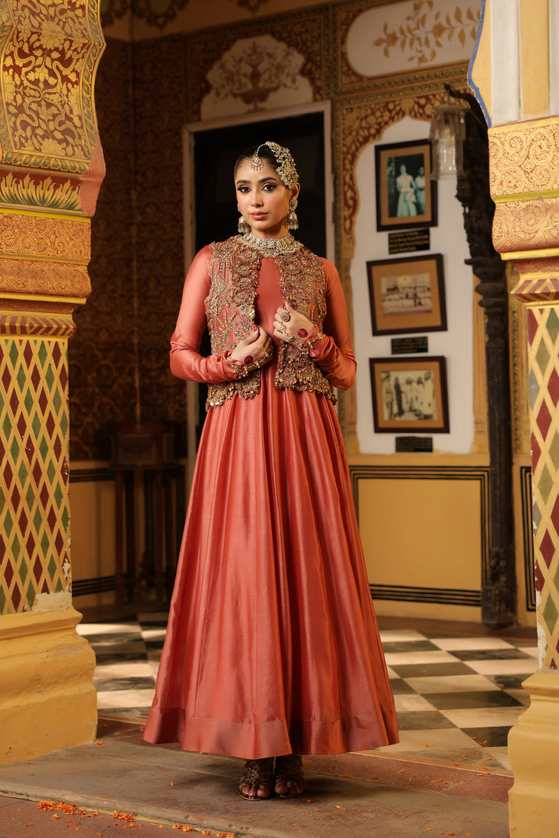 Ahista Rose Pink Jacket Kalidaar Set silk chanderi, organza, tencel kurta/kurta set by Niti Bothra in rose pink for women Worldwide
