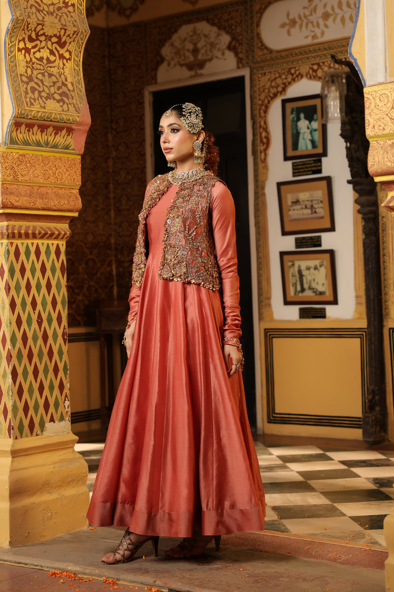 Ahista Rose Pink Jacket Kalidaar Set silk chanderi, organza, tencel kurta/kurta set by Niti Bothra in rose pink for women Worldwide