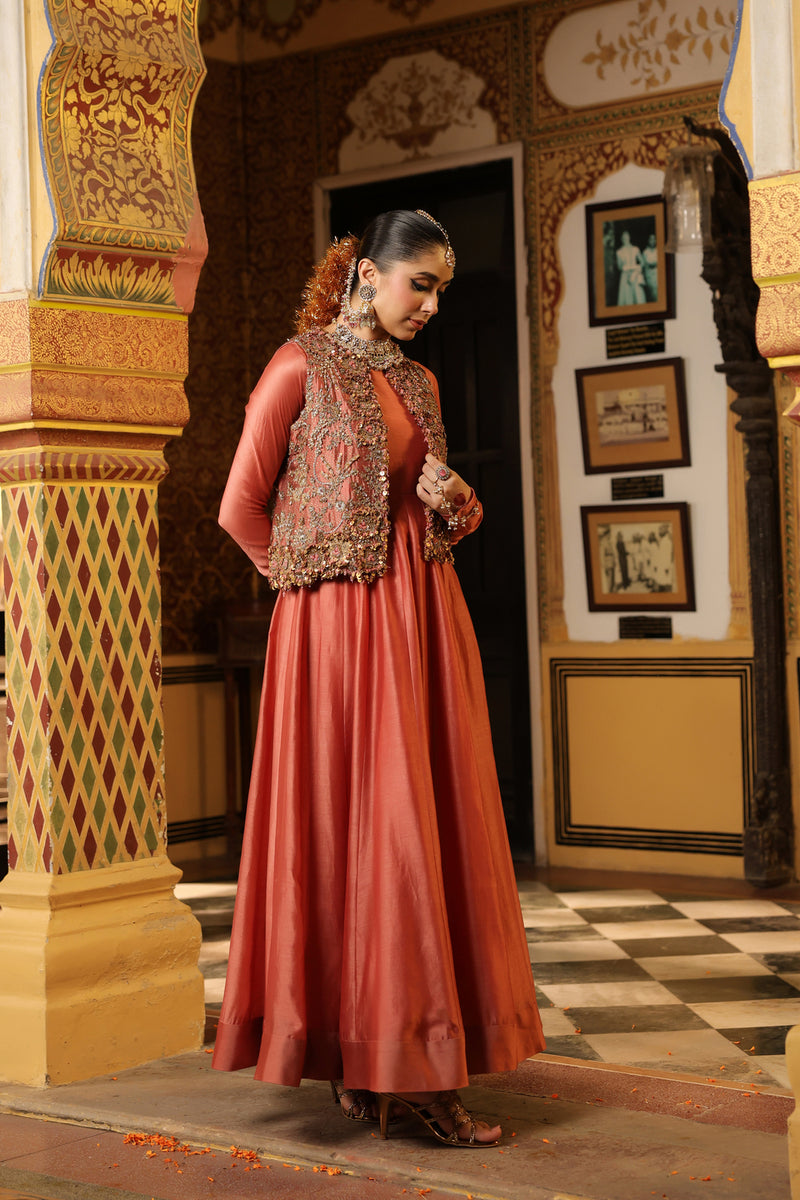 Ahista Rose Pink Jacket Kalidaar Set silk chanderi, organza, tencel kurta/kurta set by Niti Bothra in rose pink for women Worldwide