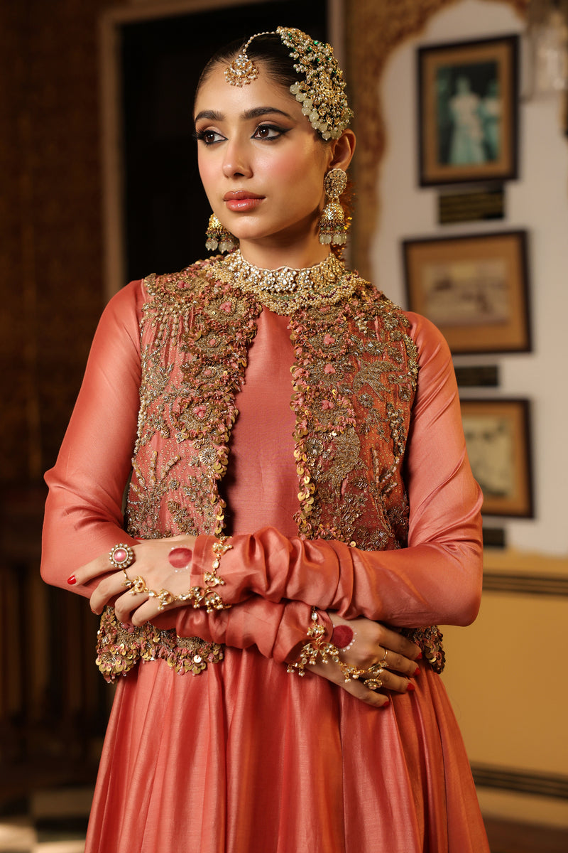 Ahista Rose Pink Jacket Kalidaar Set silk chanderi, organza, tencel kurta/kurta set by Niti Bothra in rose pink for women Worldwide