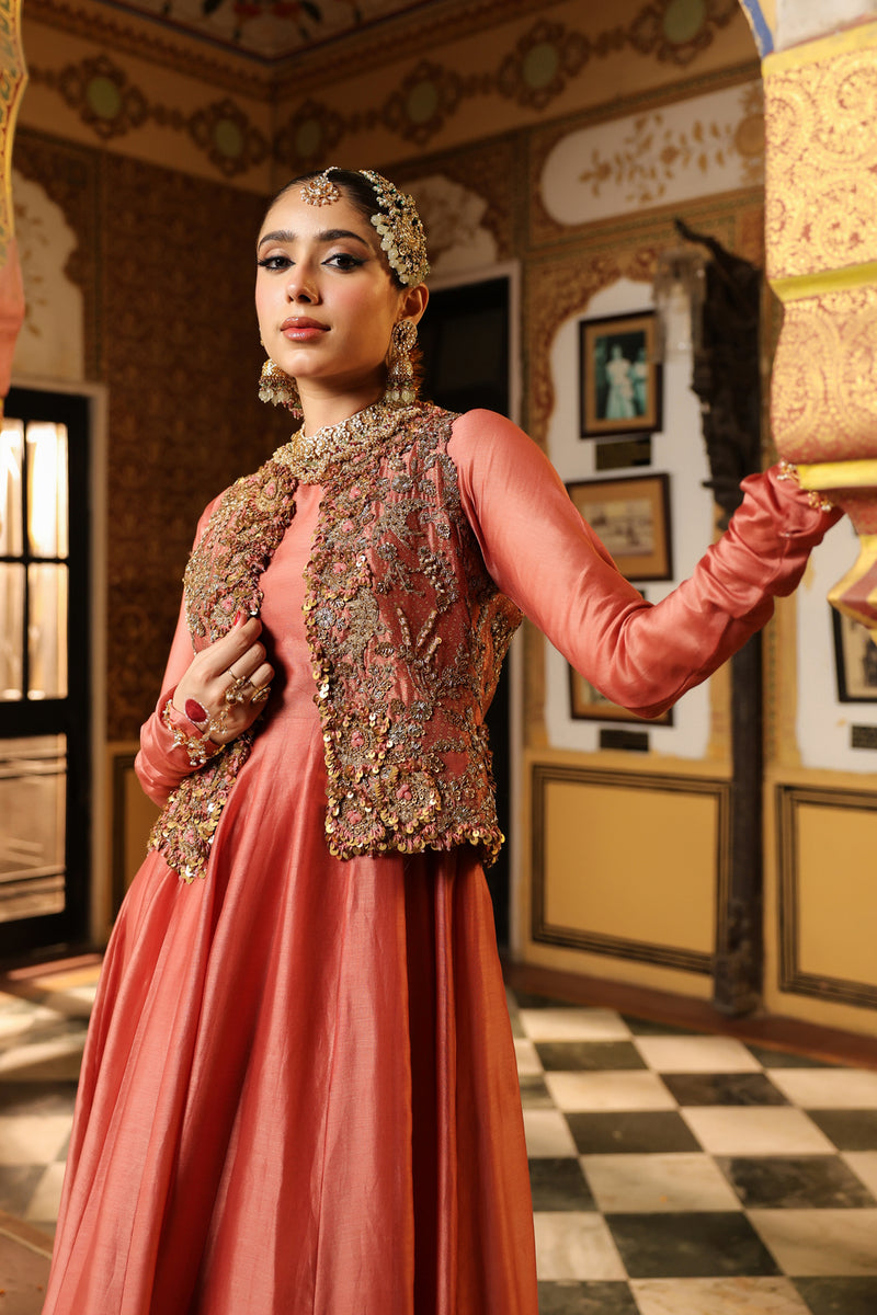 Ahista Rose Pink Jacket Kalidaar Set silk chanderi, organza, tencel kurta/kurta set by Niti Bothra in rose pink for women Worldwide