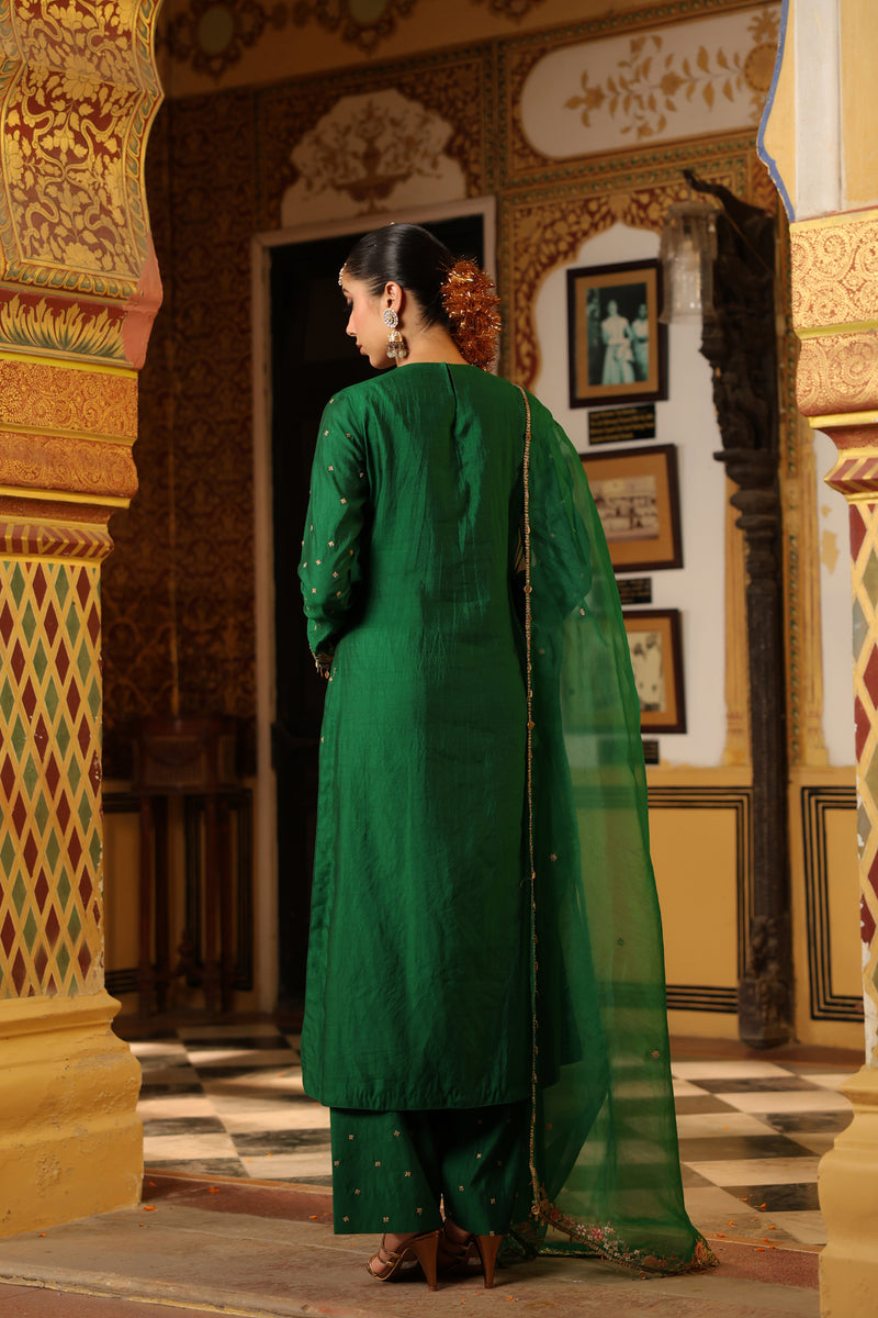 Ahista Green Mayur Applique Long Kurta Set chiniya silk kurta/kurta set by Niti Bothra in green for women Worldwide