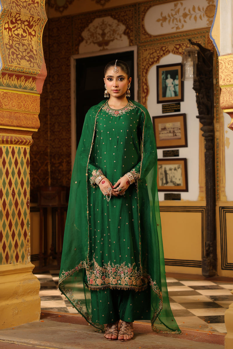 Ahista Green Mayur Applique Long Kurta Set chiniya silk kurta/kurta set by Niti Bothra in green for women Worldwide