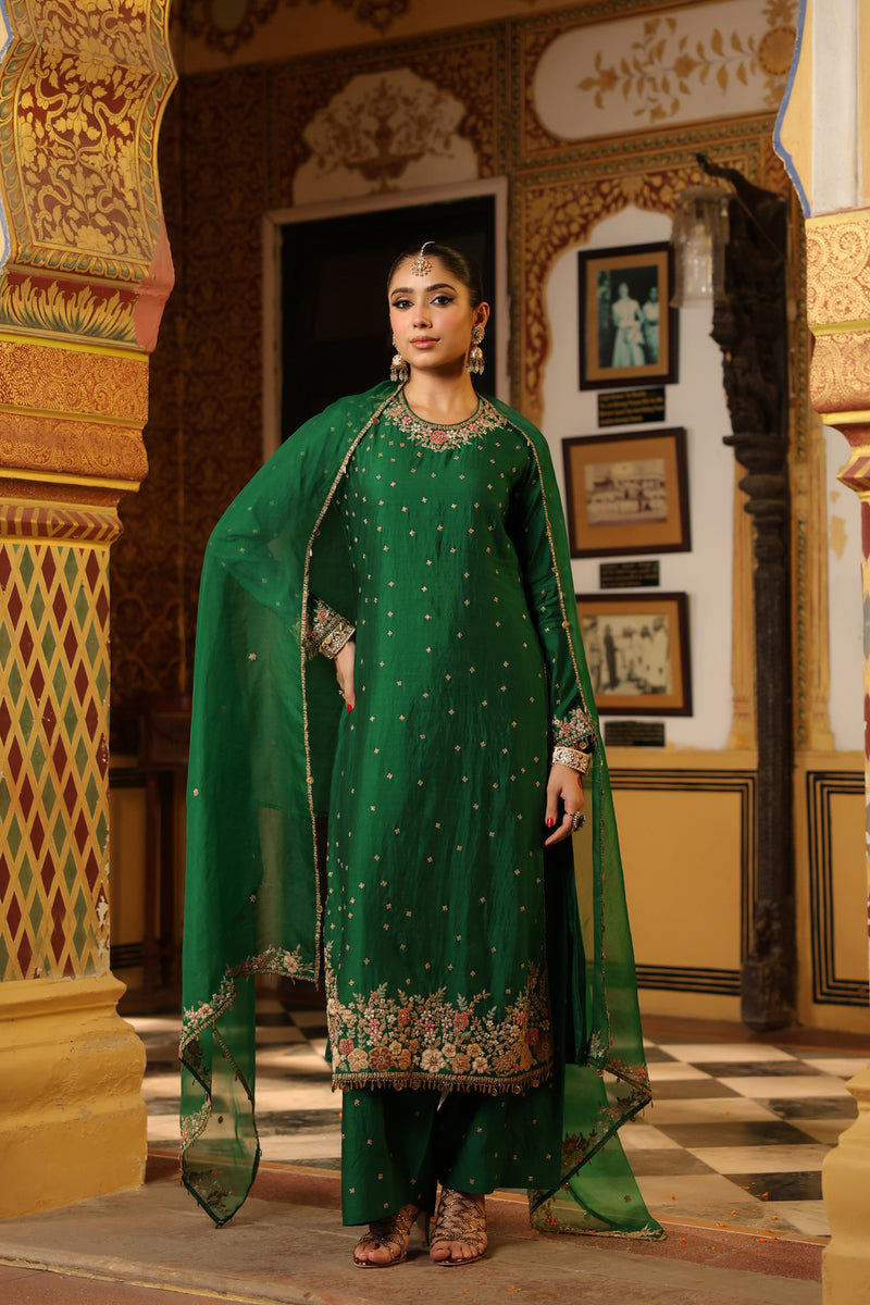 Ahista Green Mayur Applique Long Kurta Set chiniya silk kurta/kurta set by Niti Bothra in green for women Worldwide