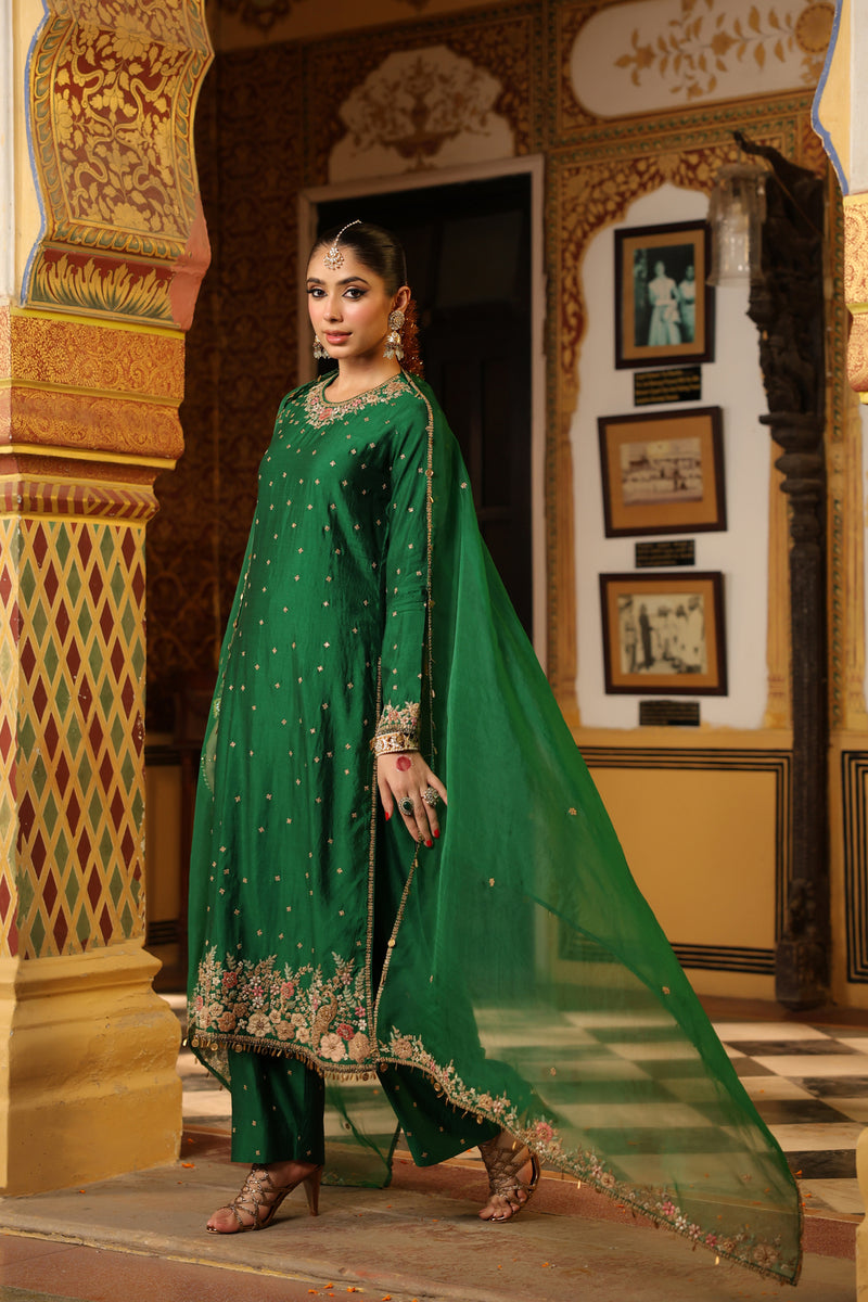 Ahista Green Mayur Applique Long Kurta Set chiniya silk kurta/kurta set by Niti Bothra in green for women Worldwide