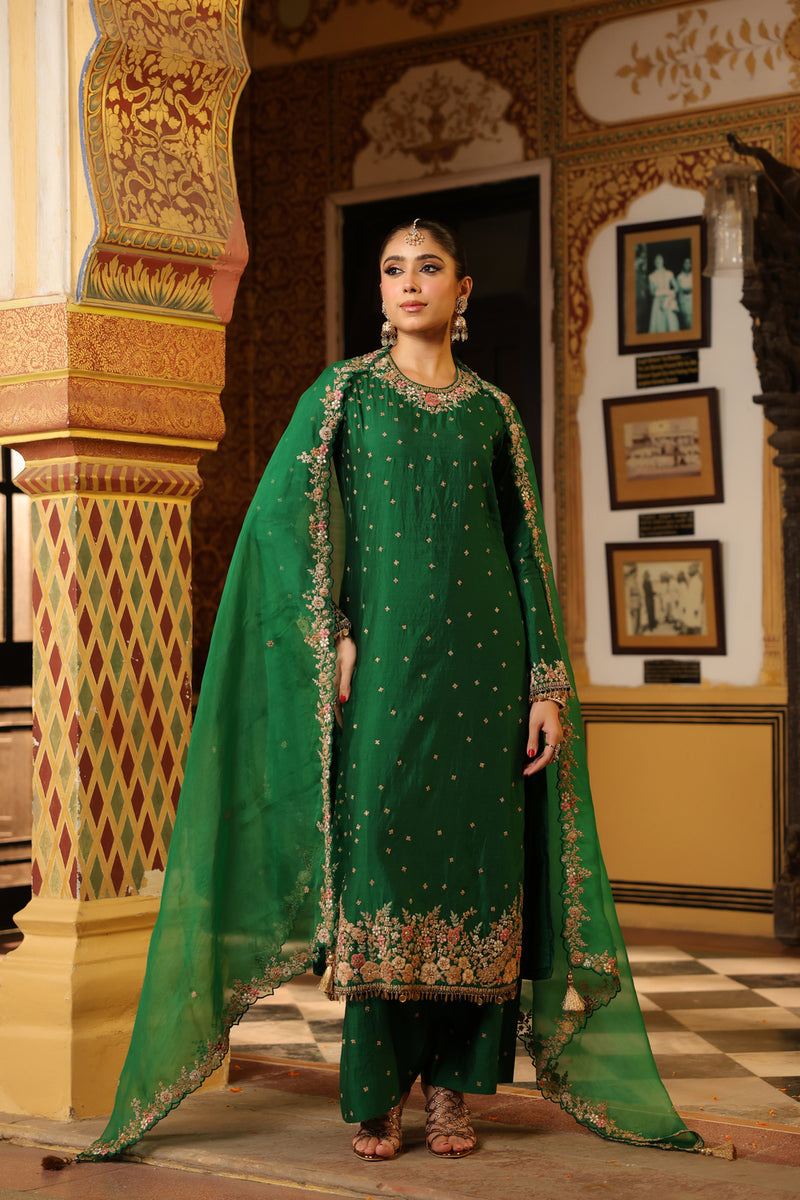 Ahista Green Mayur Applique Long Kurta With Heavy Dupatta chiniya silk kurta/kurta set by Niti Bothra in green for women Worldwide