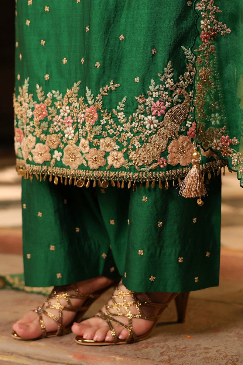 Ahista Green Mayur Applique Long Kurta Set chiniya silk kurta/kurta set by Niti Bothra in green for women Worldwide