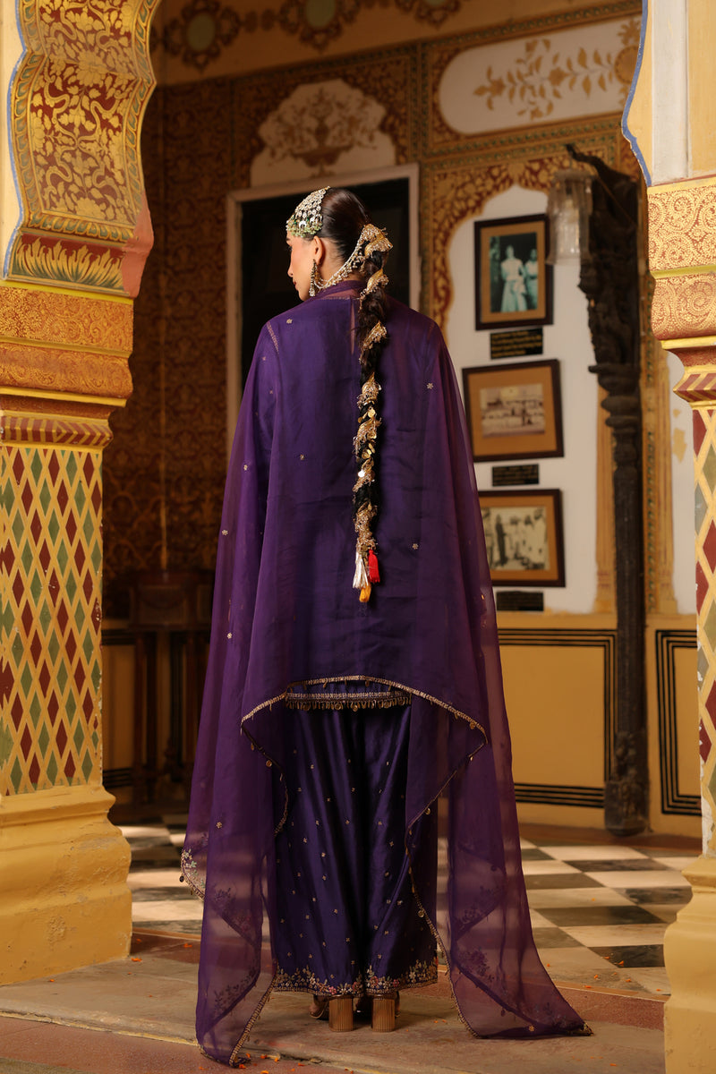 Ahista Purple Mayur Applique Short Kurta Set chiniya silk kurta/kurta set by Niti Bothra in purple for women Worldwide